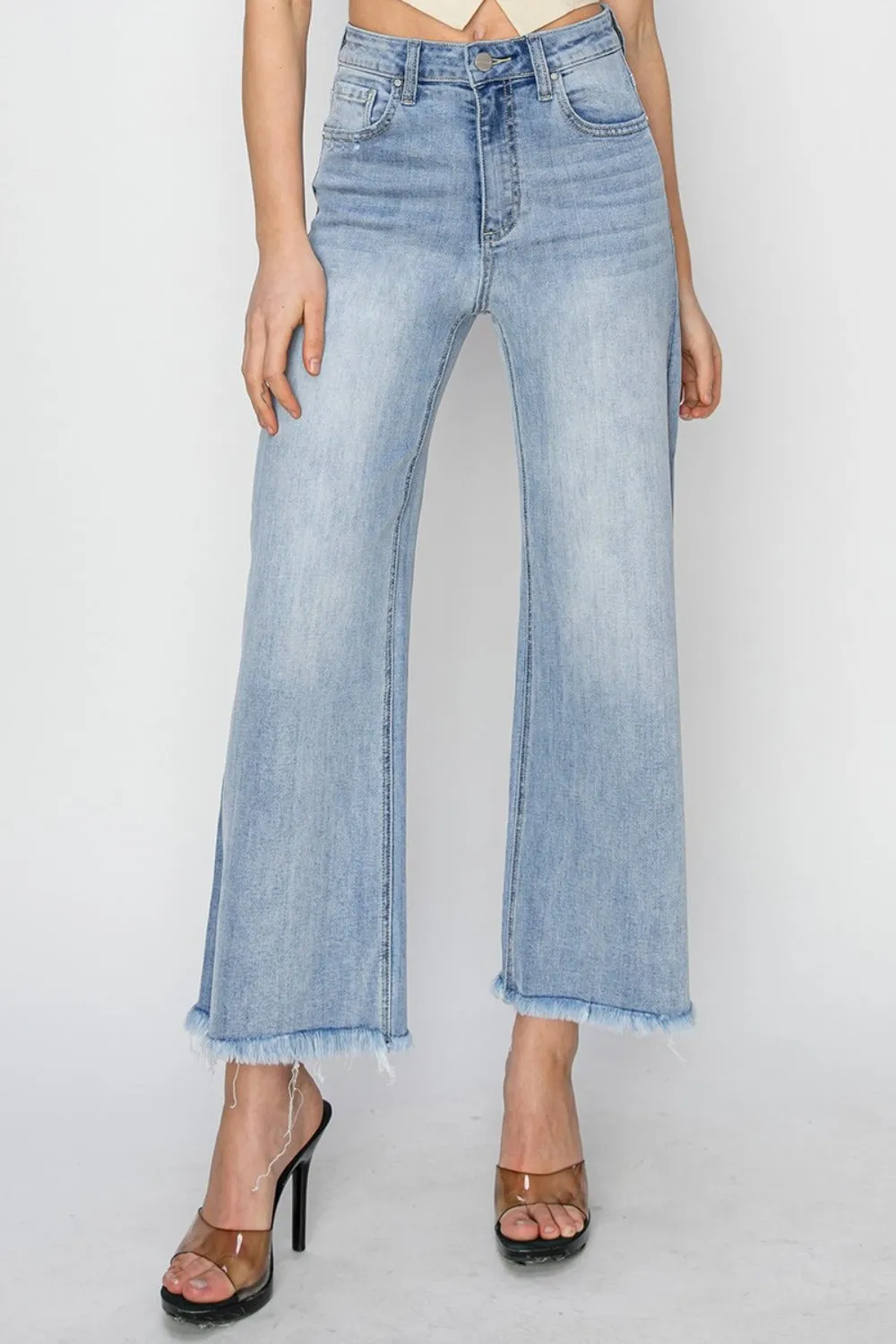 RISEN High Rise Frayed Hem Cropped Wide Leg Blue Denim Jeans
