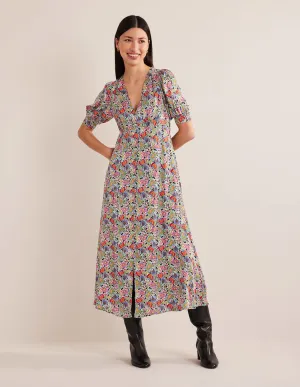 Satin Midi Tea Dress-Multi, Carnation Garden