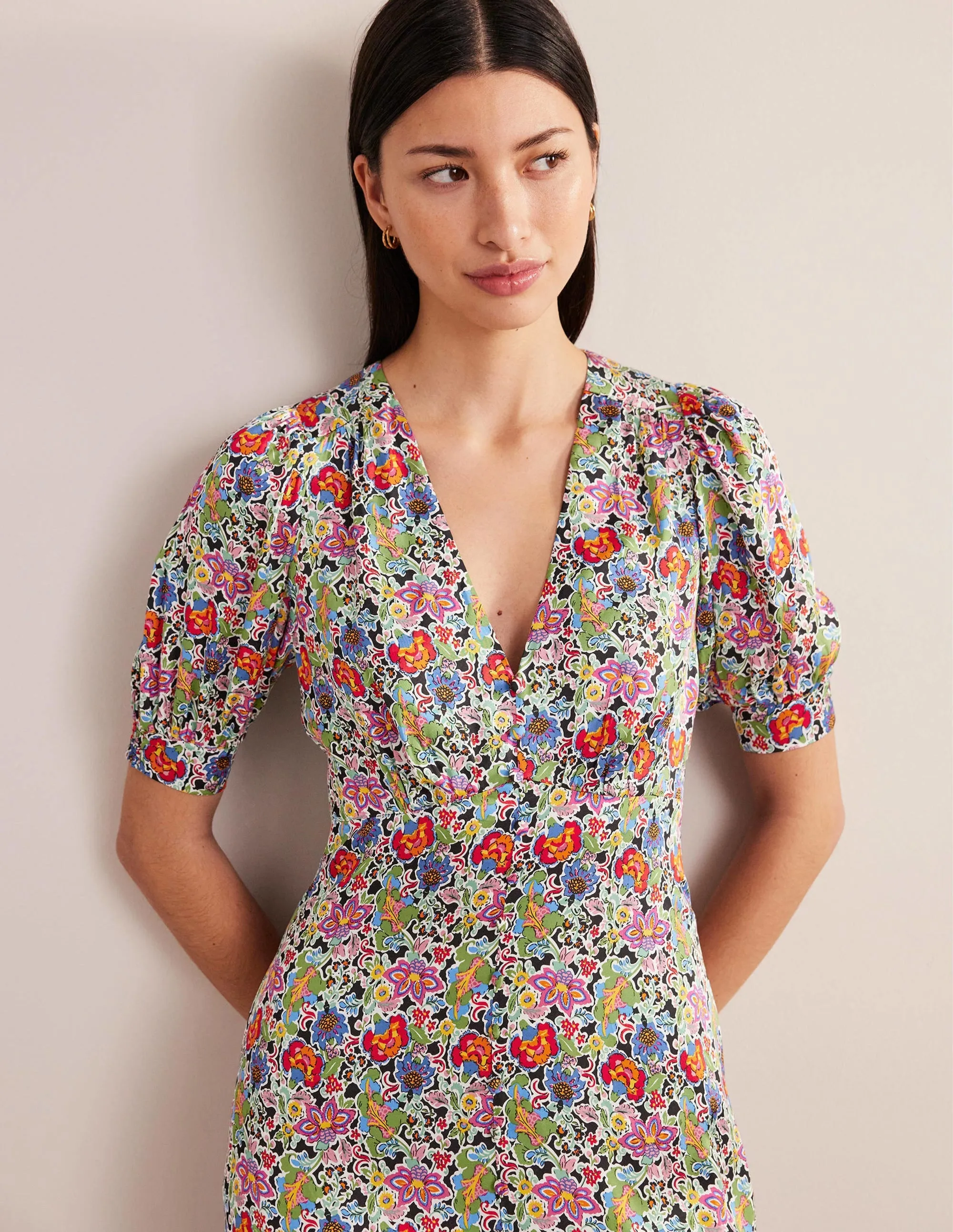 Satin Midi Tea Dress-Multi, Carnation Garden