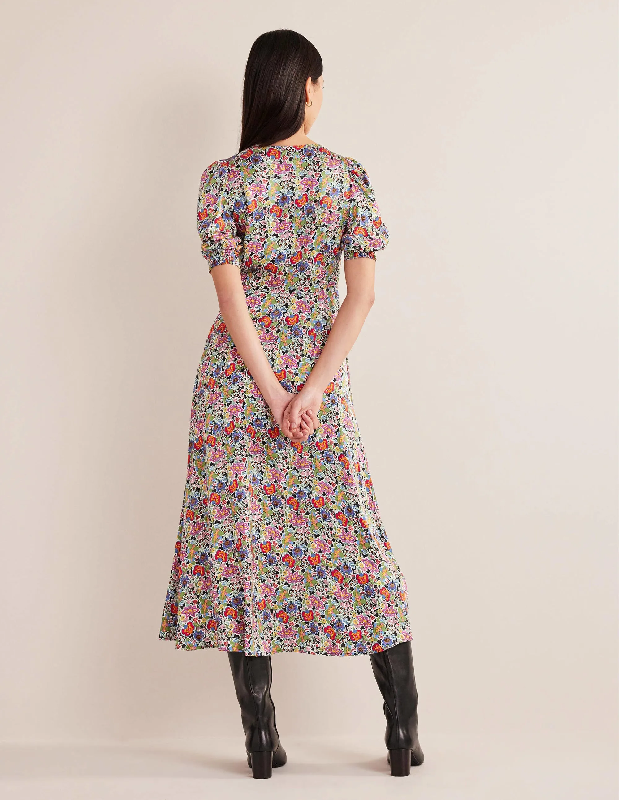 Satin Midi Tea Dress-Multi, Carnation Garden