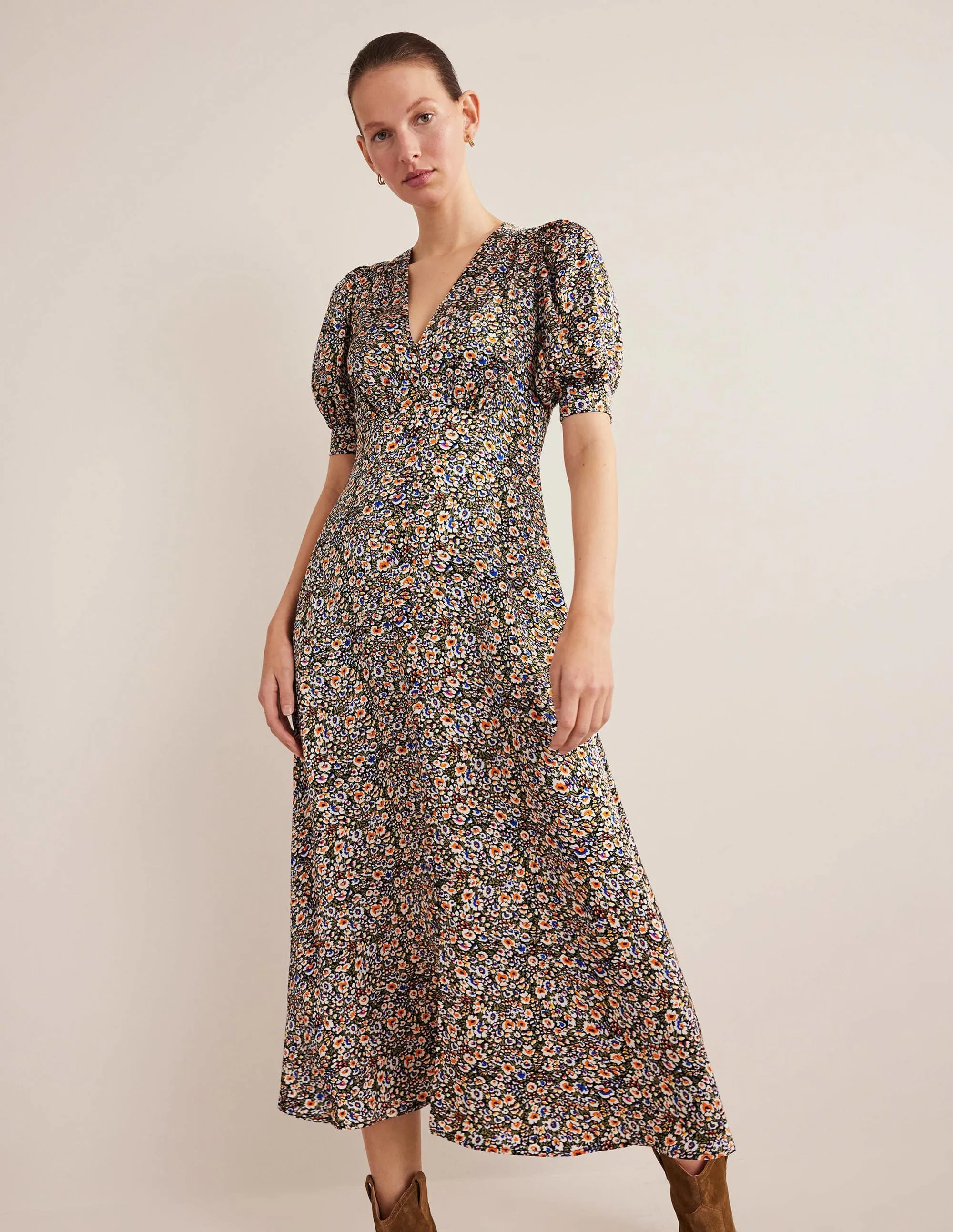 Satin Midi Tea Dress-Multi, Eden Bloom