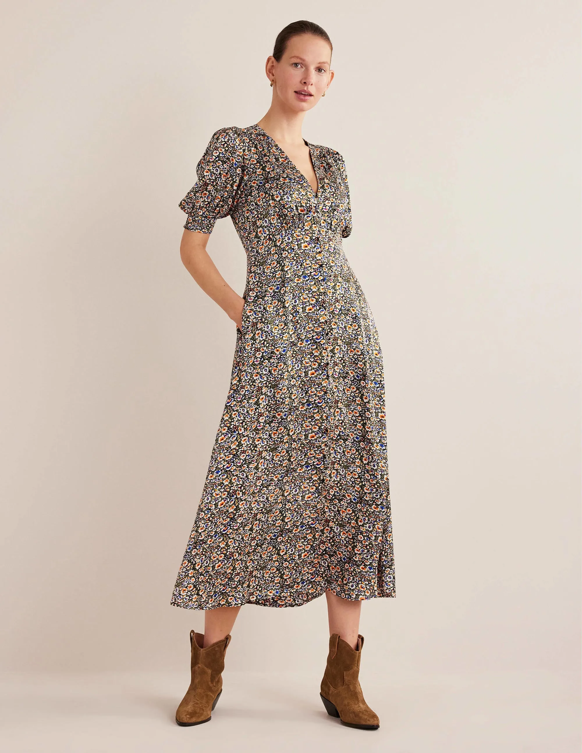 Satin Midi Tea Dress-Multi, Eden Bloom