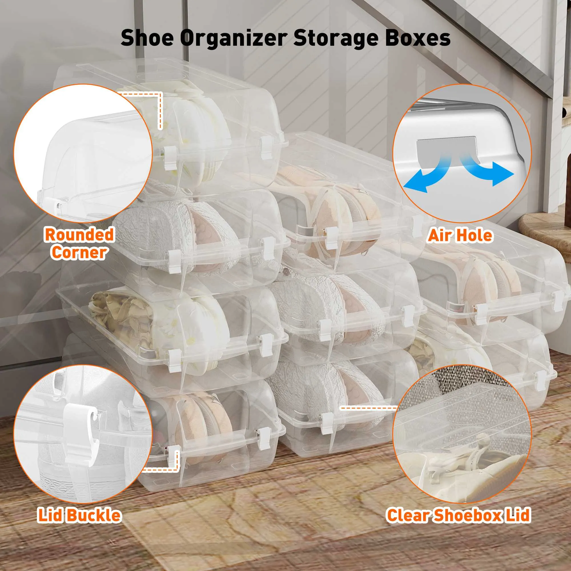Set of 4 Shoe Storage Box Clear Plastic Stackable Shoe Organizer with Lids, White