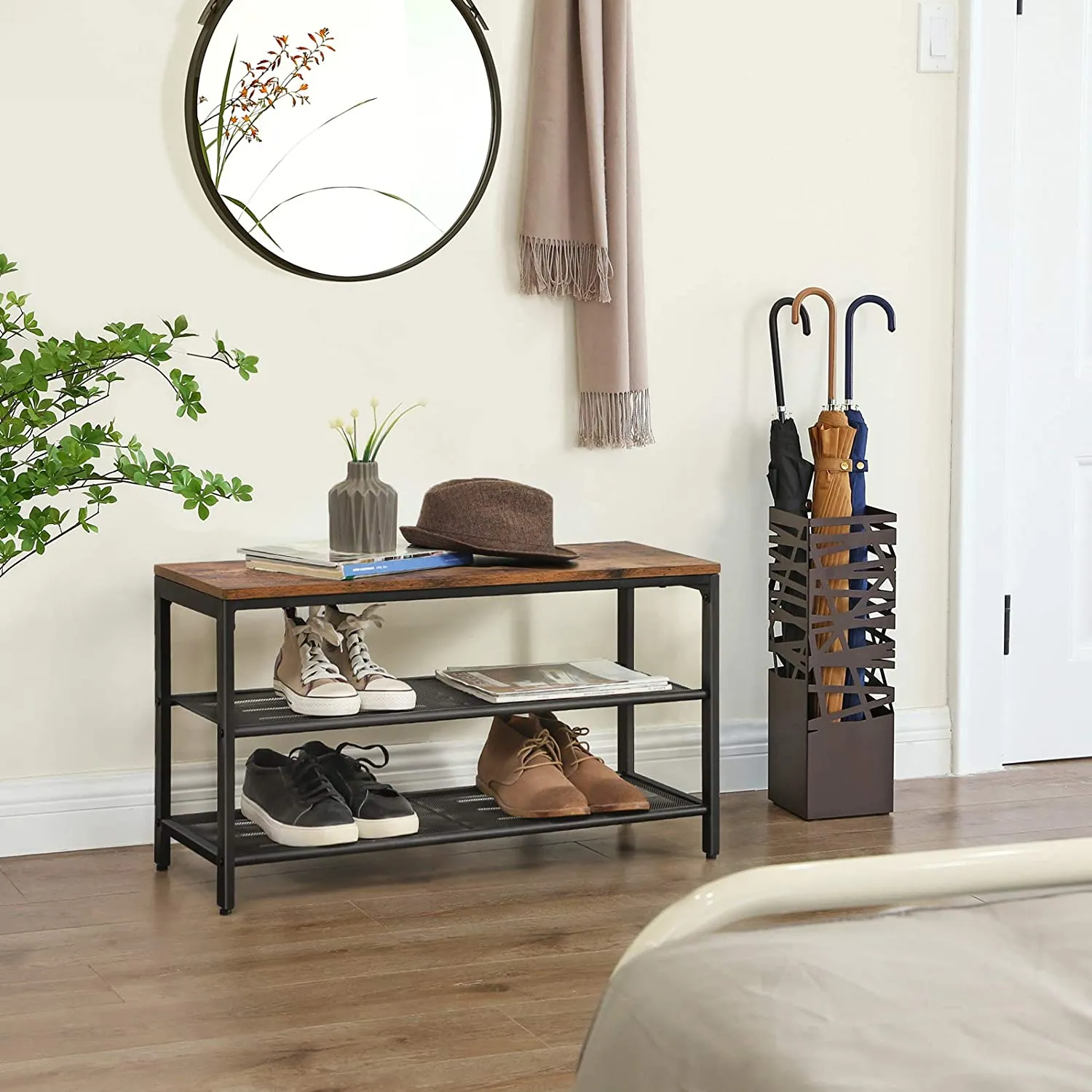 Shoe Rack with 2 Mesh Shelves Rustic Brown & Black