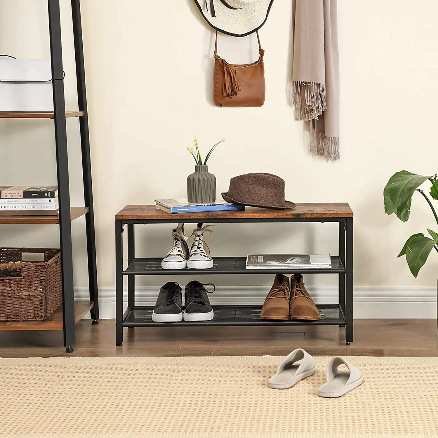 Shoe Rack with 2 Mesh Shelves Rustic Brown & Black