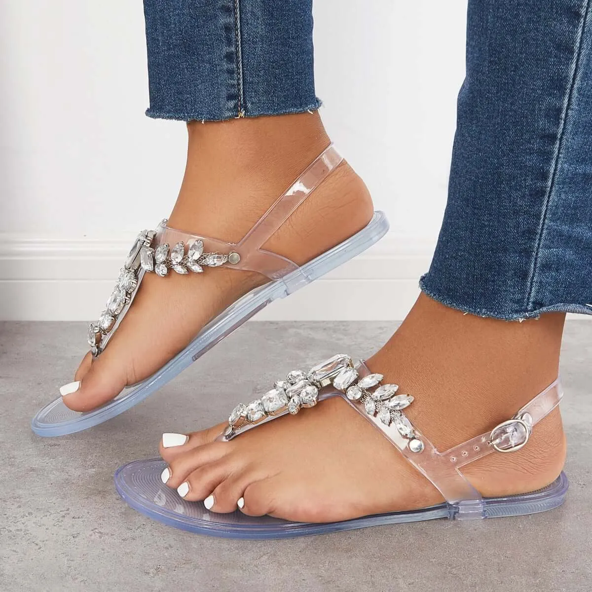 Sohiwoo Women Crystal Decoration Flip Flops Transparent Flat Sandals