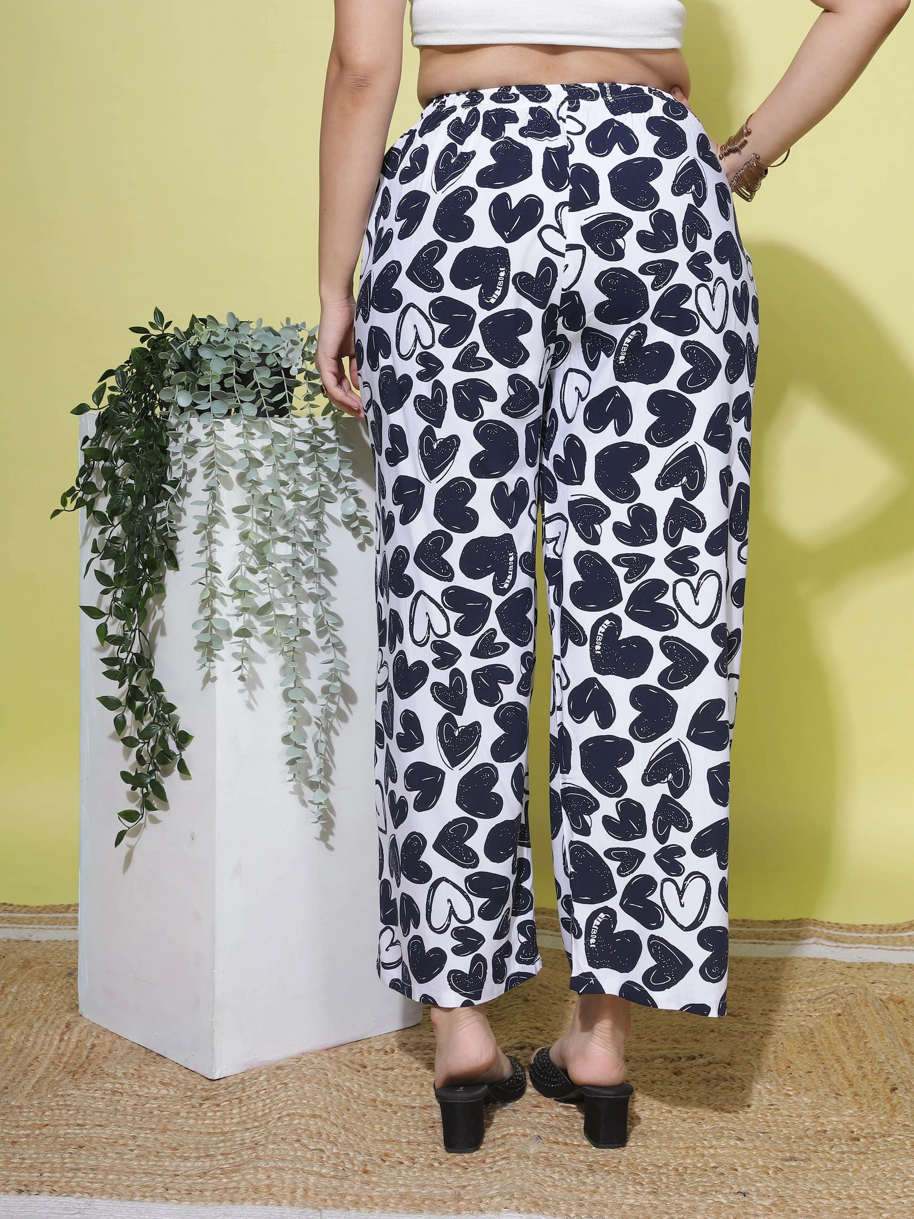 White and Blue Printed Palazzo Pants for Women with Effortless Style