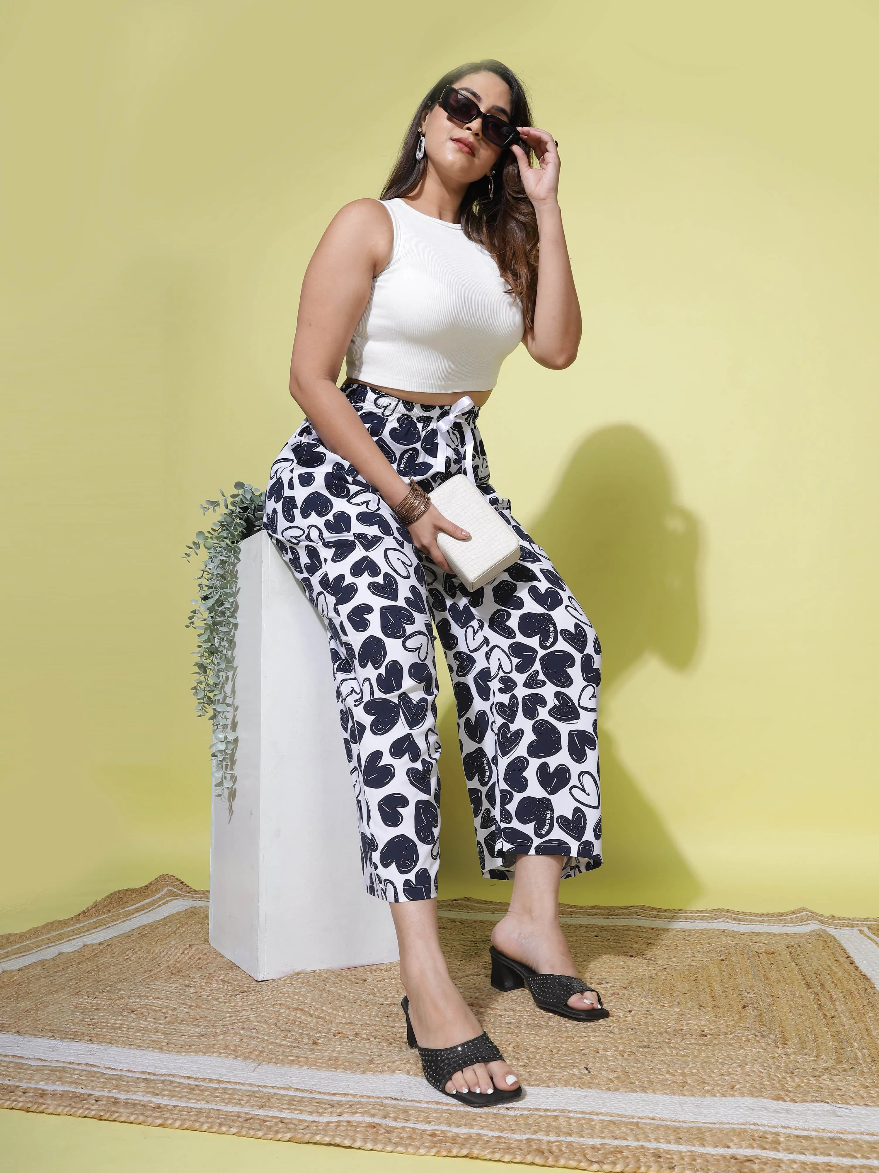 White and Blue Printed Palazzo Pants for Women with Effortless Style