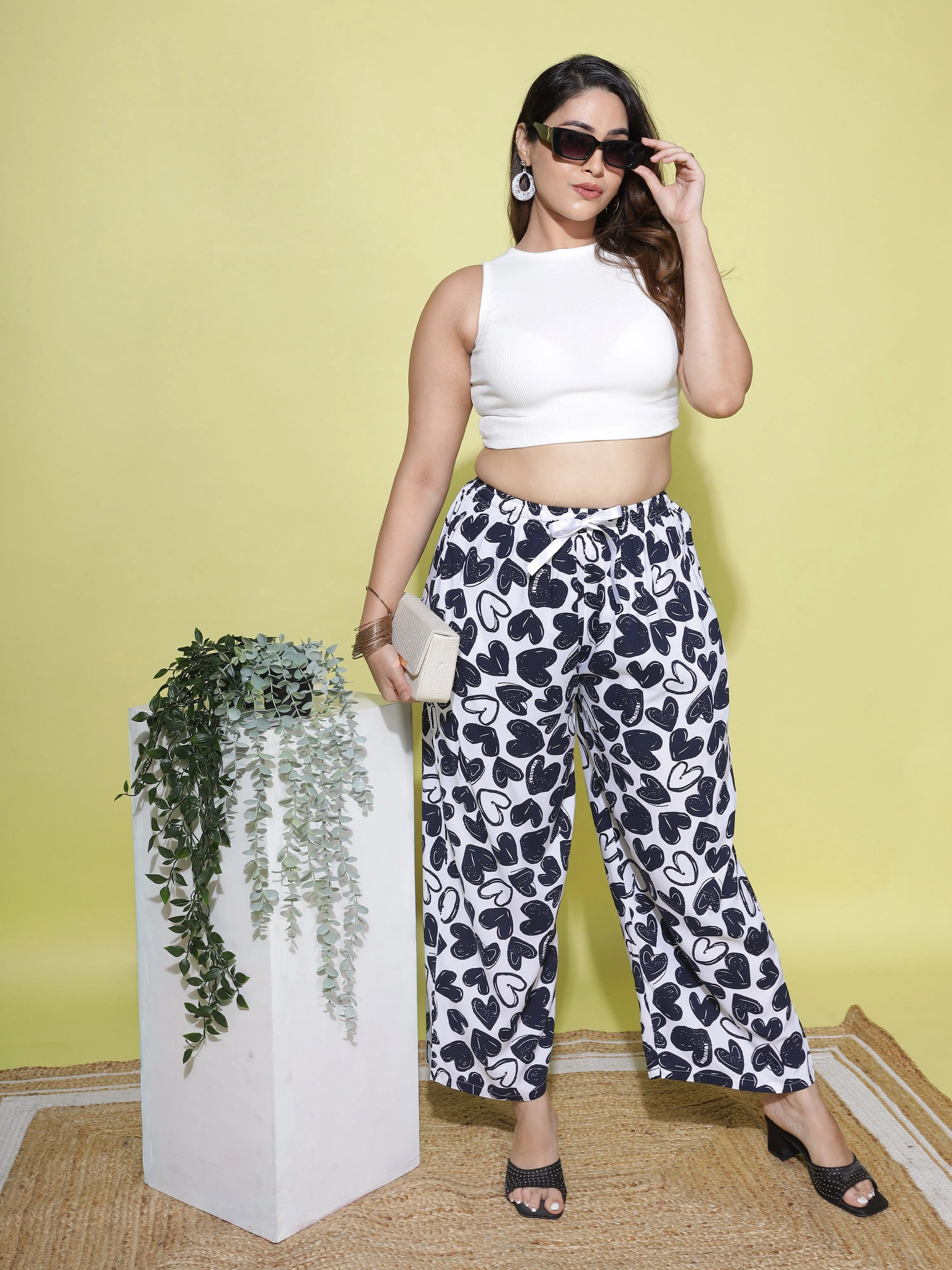White and Blue Printed Palazzo Pants for Women with Effortless Style