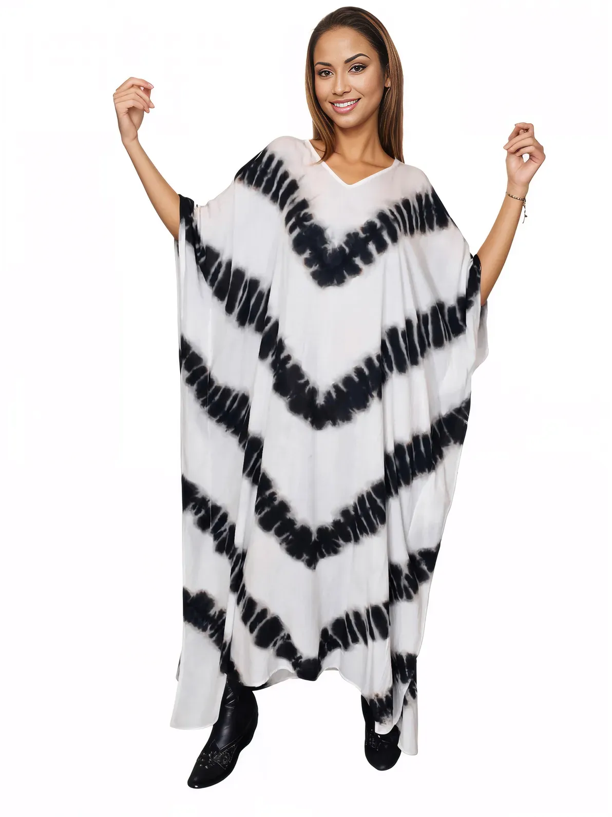 White/Black Hand-Dyed Tie-Dye Maxi Kaftan Dress – Boho Chic, Flowy and Comfortable