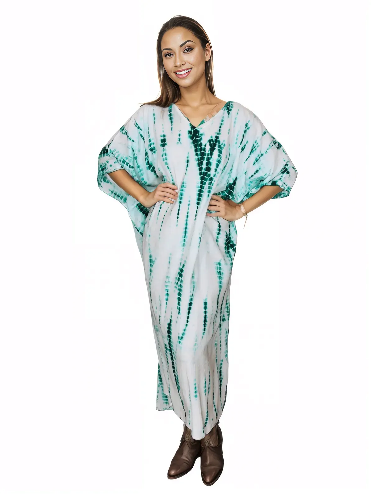 White/Green Hand-Dyed Tie-Dye Maxi Kaftan Dress – Boho Chic, Flowy and Comfortable
