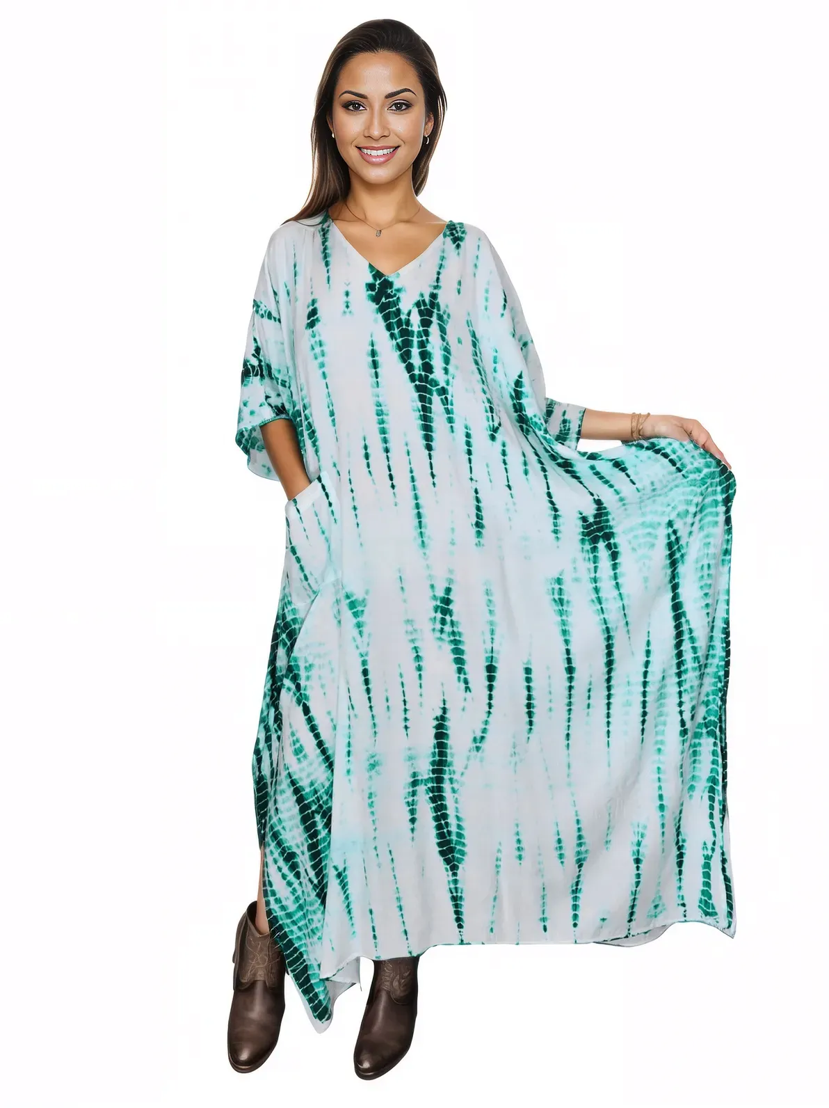 White/Green Hand-Dyed Tie-Dye Maxi Kaftan Dress – Boho Chic, Flowy and Comfortable