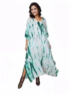 White/Green Hand-Dyed Tie-Dye Maxi Kaftan Dress – Boho Chic, Flowy and Comfortable
