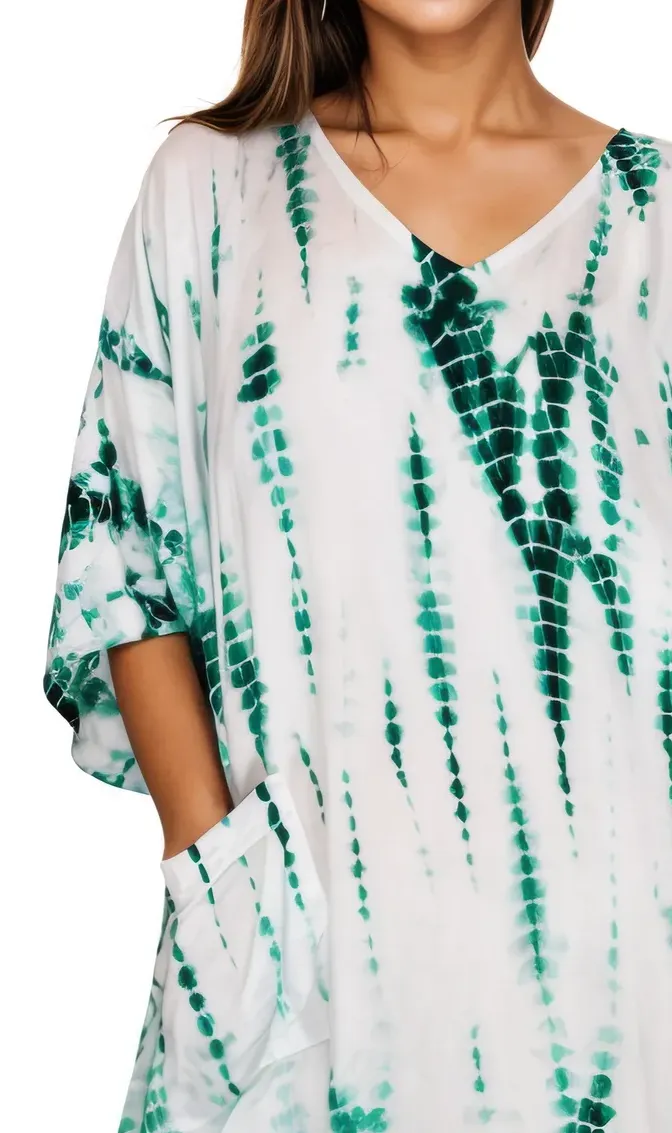 White/Green Hand-Dyed Tie-Dye Maxi Kaftan Dress – Boho Chic, Flowy and Comfortable