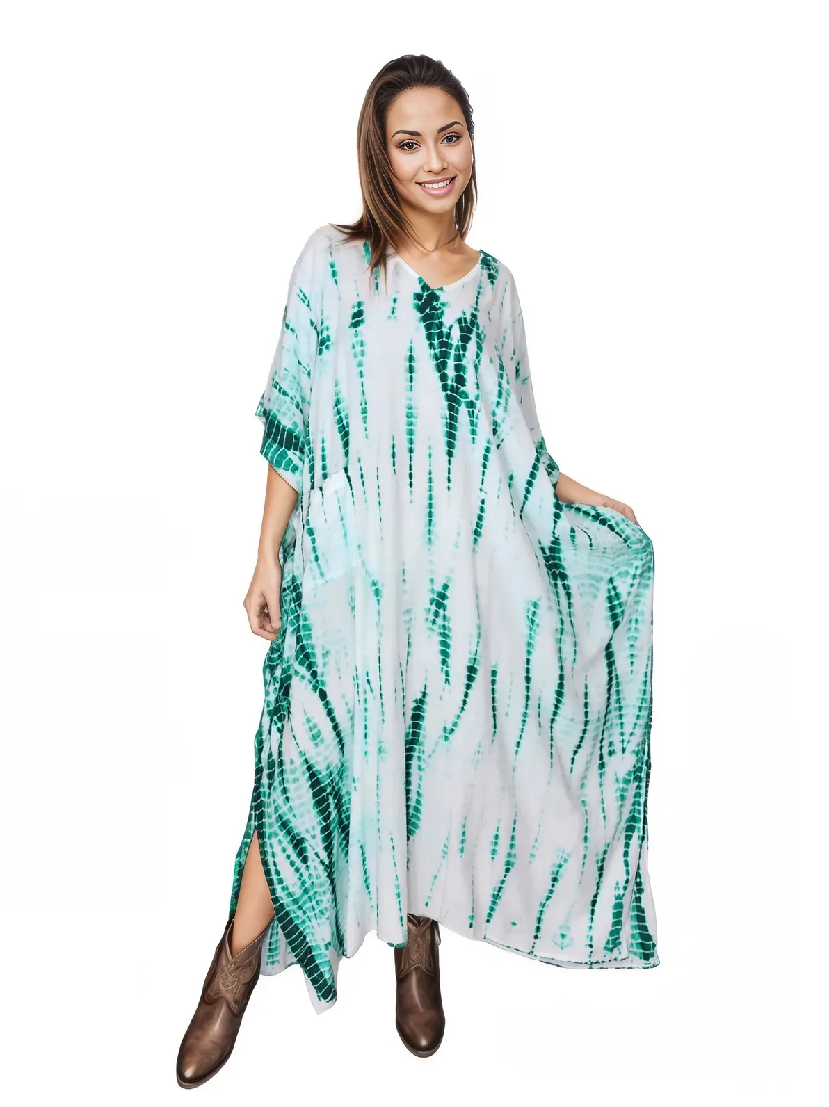 White/Green Hand-Dyed Tie-Dye Maxi Kaftan Dress – Boho Chic, Flowy and Comfortable