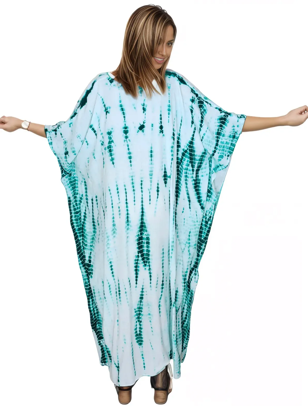 White/Green Hand-Dyed Tie-Dye Maxi Kaftan Dress – Boho Chic, Flowy and Comfortable