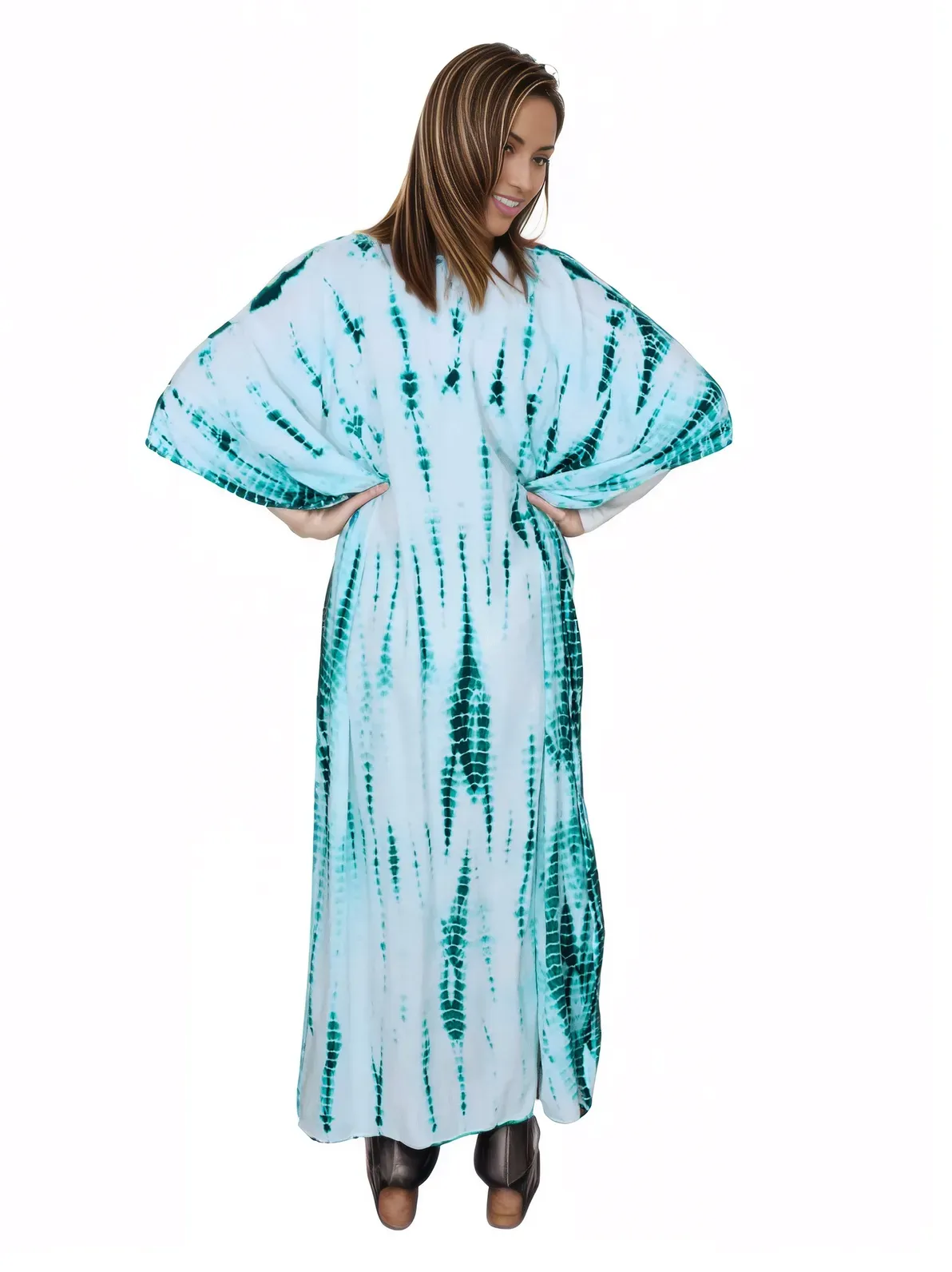 White/Green Hand-Dyed Tie-Dye Maxi Kaftan Dress – Boho Chic, Flowy and Comfortable