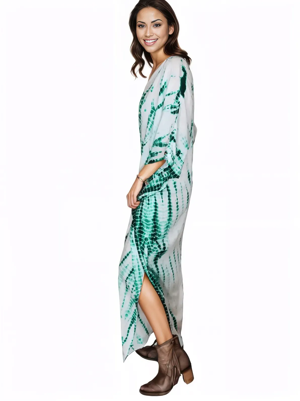 White/Green Hand-Dyed Tie-Dye Maxi Kaftan Dress – Boho Chic, Flowy and Comfortable
