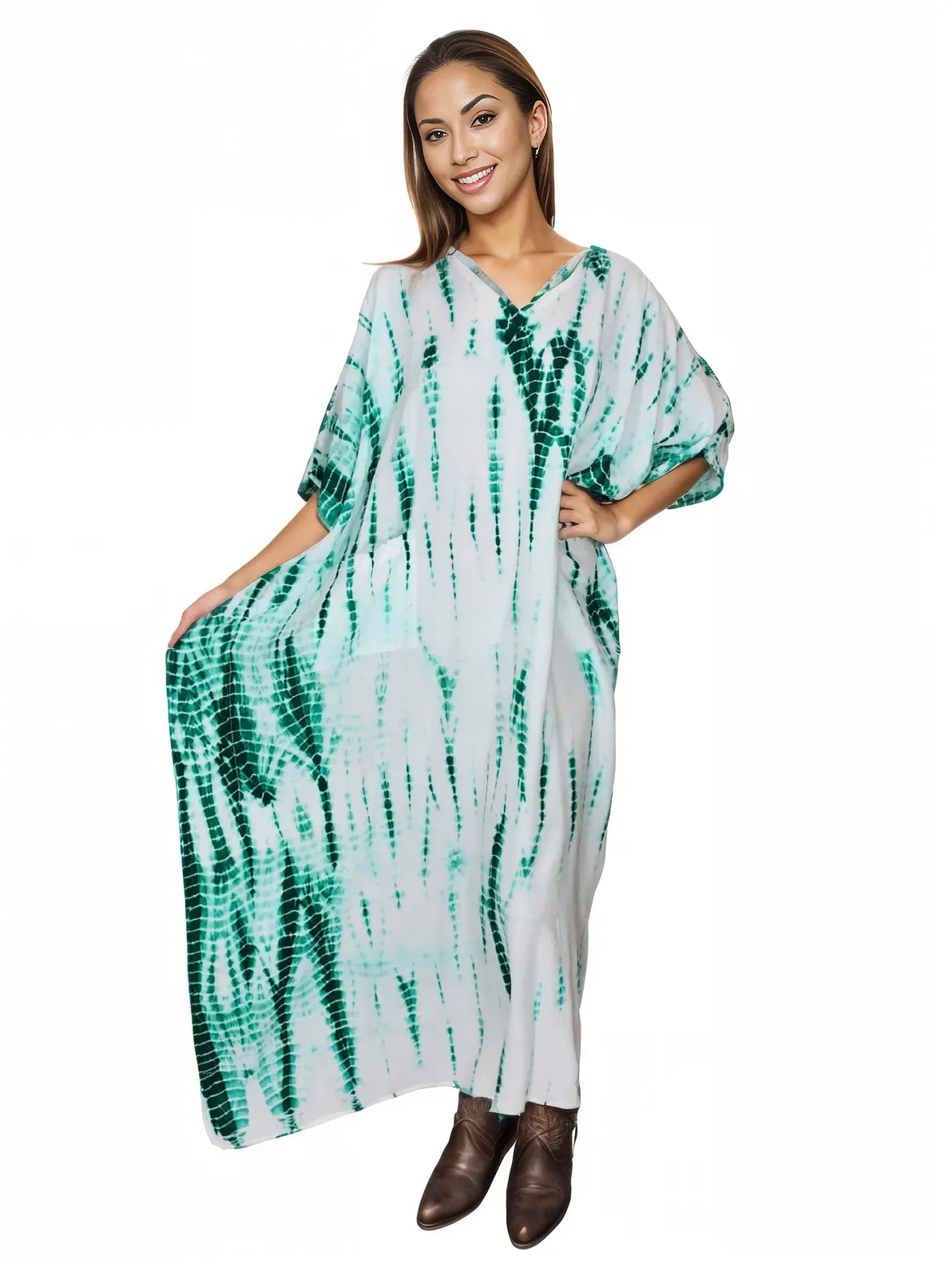 White/Green Hand-Dyed Tie-Dye Maxi Kaftan Dress – Boho Chic, Flowy and Comfortable