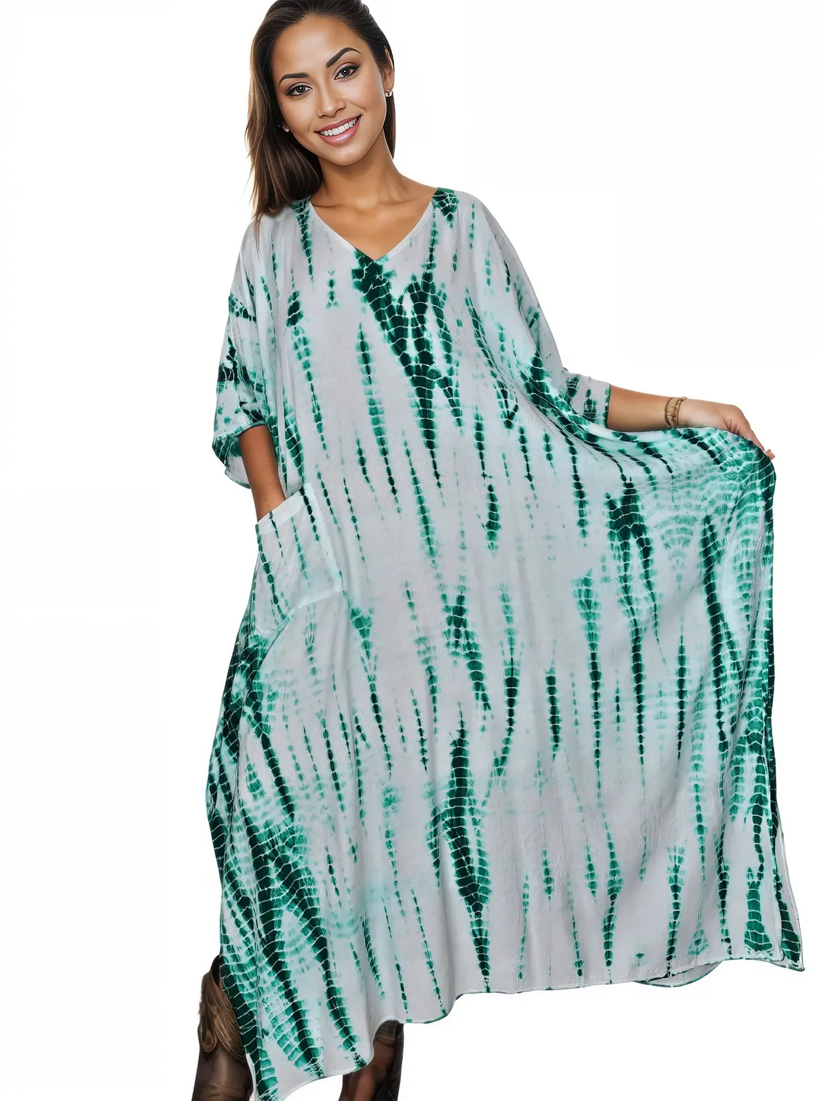 White/Green Hand-Dyed Tie-Dye Maxi Kaftan Dress – Boho Chic, Flowy and Comfortable