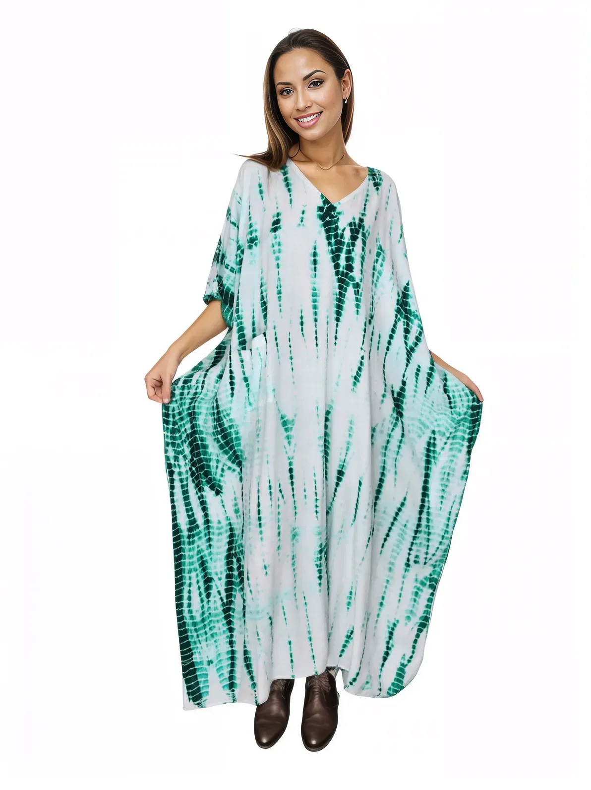 White/Green Hand-Dyed Tie-Dye Maxi Kaftan Dress – Boho Chic, Flowy and Comfortable