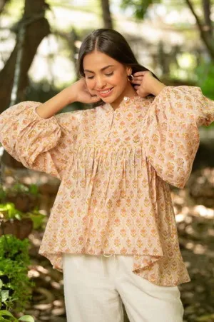 Women Cotton Printed Vneck Loose Fit Top Peach