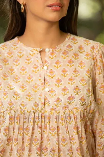 Women Cotton Printed Vneck Loose Fit Top Peach