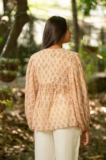 Women Cotton Printed Vneck Loose Fit Top Peach