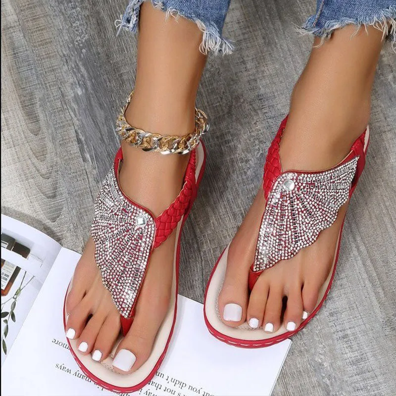 Women's Glass Rhinestone Braided Flip Flop Flats