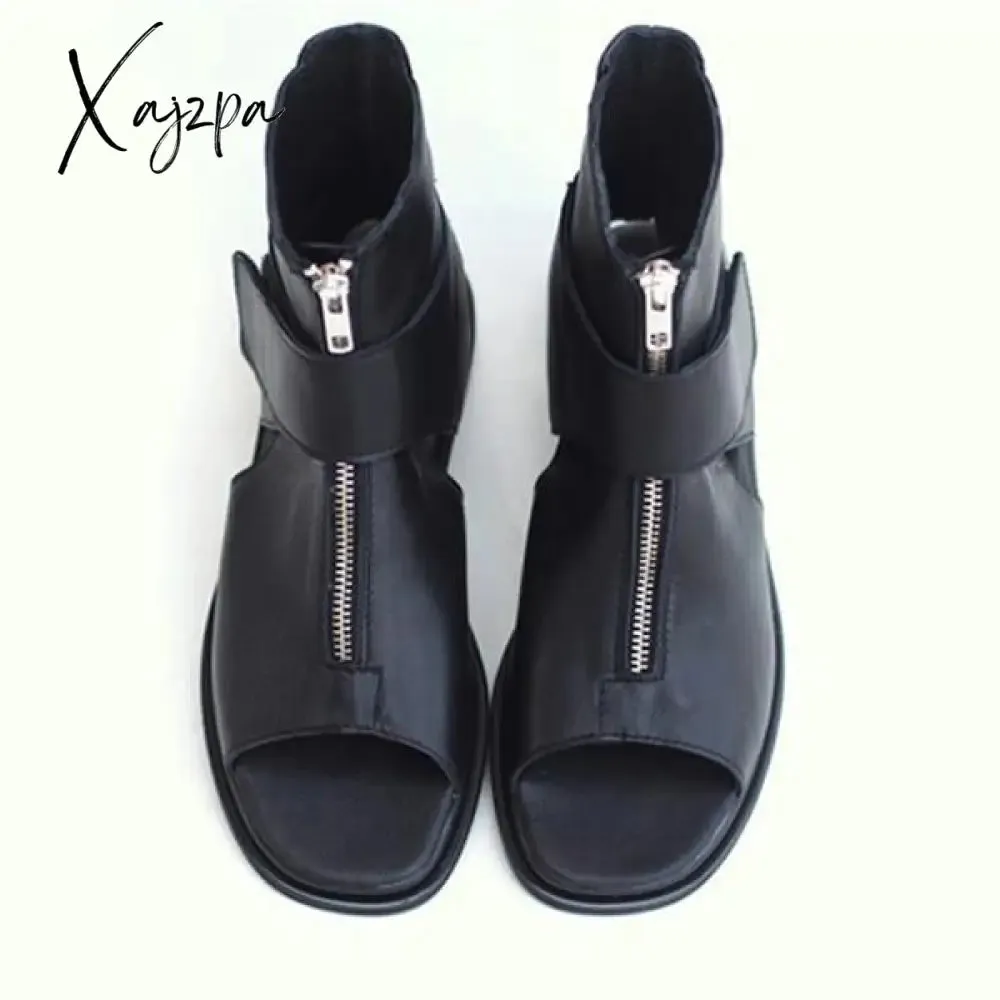 Xajzpa - Women's Vintage Sandals Western Black Leather Flat Heel Zipper Boots