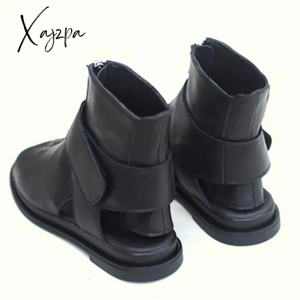 Xajzpa - Women's Vintage Sandals Western Black Leather Flat Heel Zipper Boots