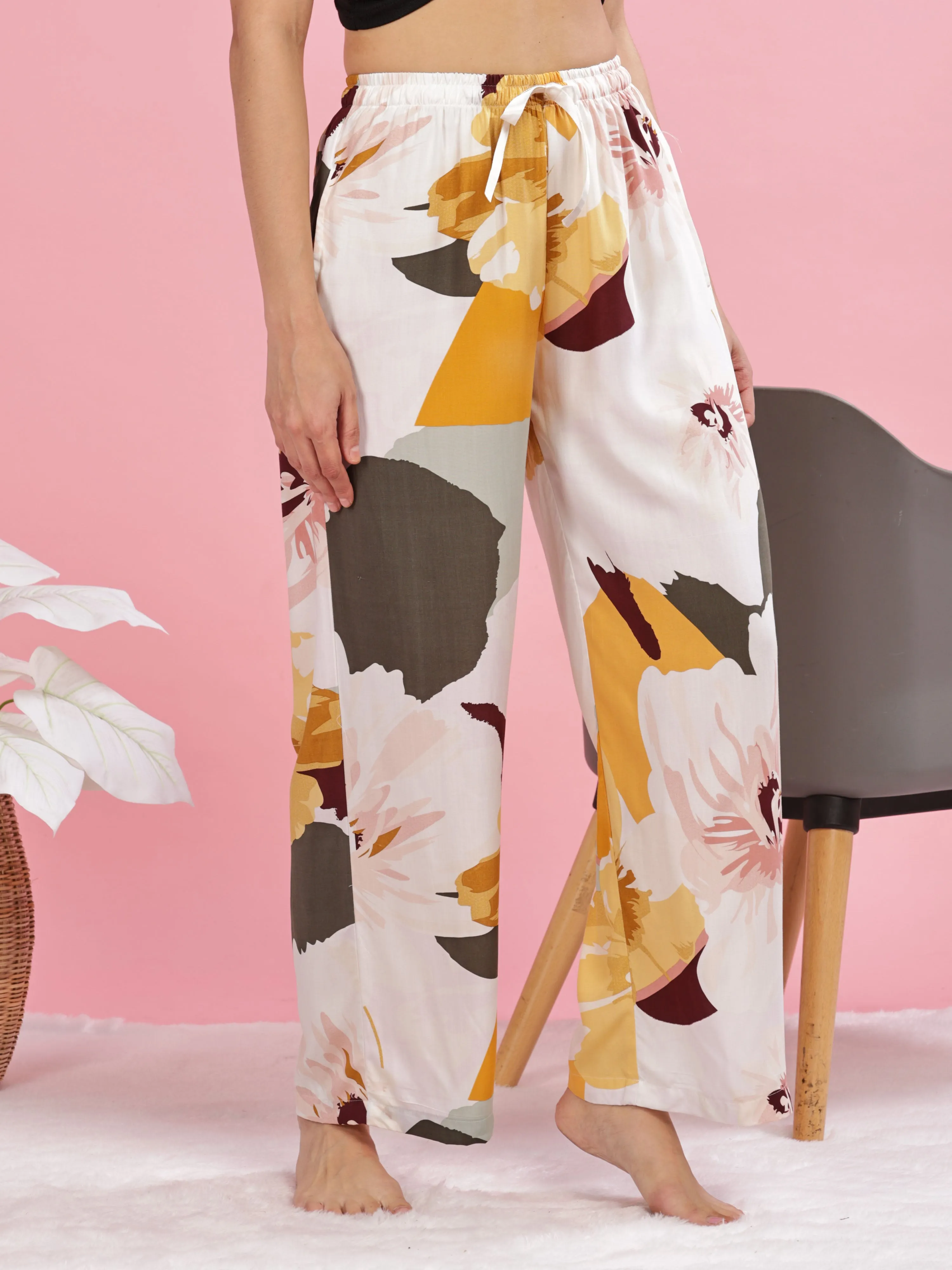 Yellow White Printed Palazzo Pants for Women in Lightweight Rayon