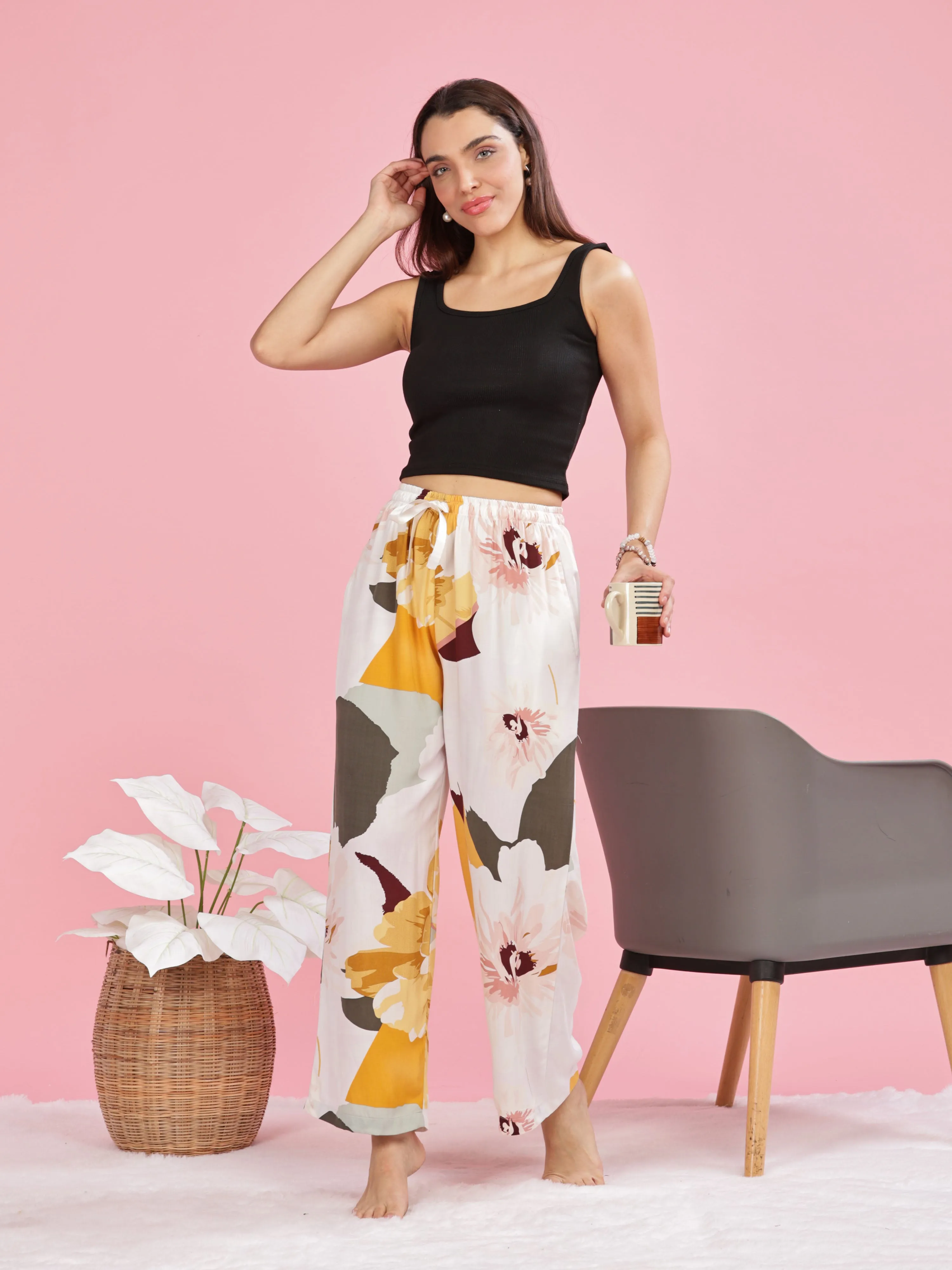 Yellow White Printed Palazzo Pants for Women in Lightweight Rayon