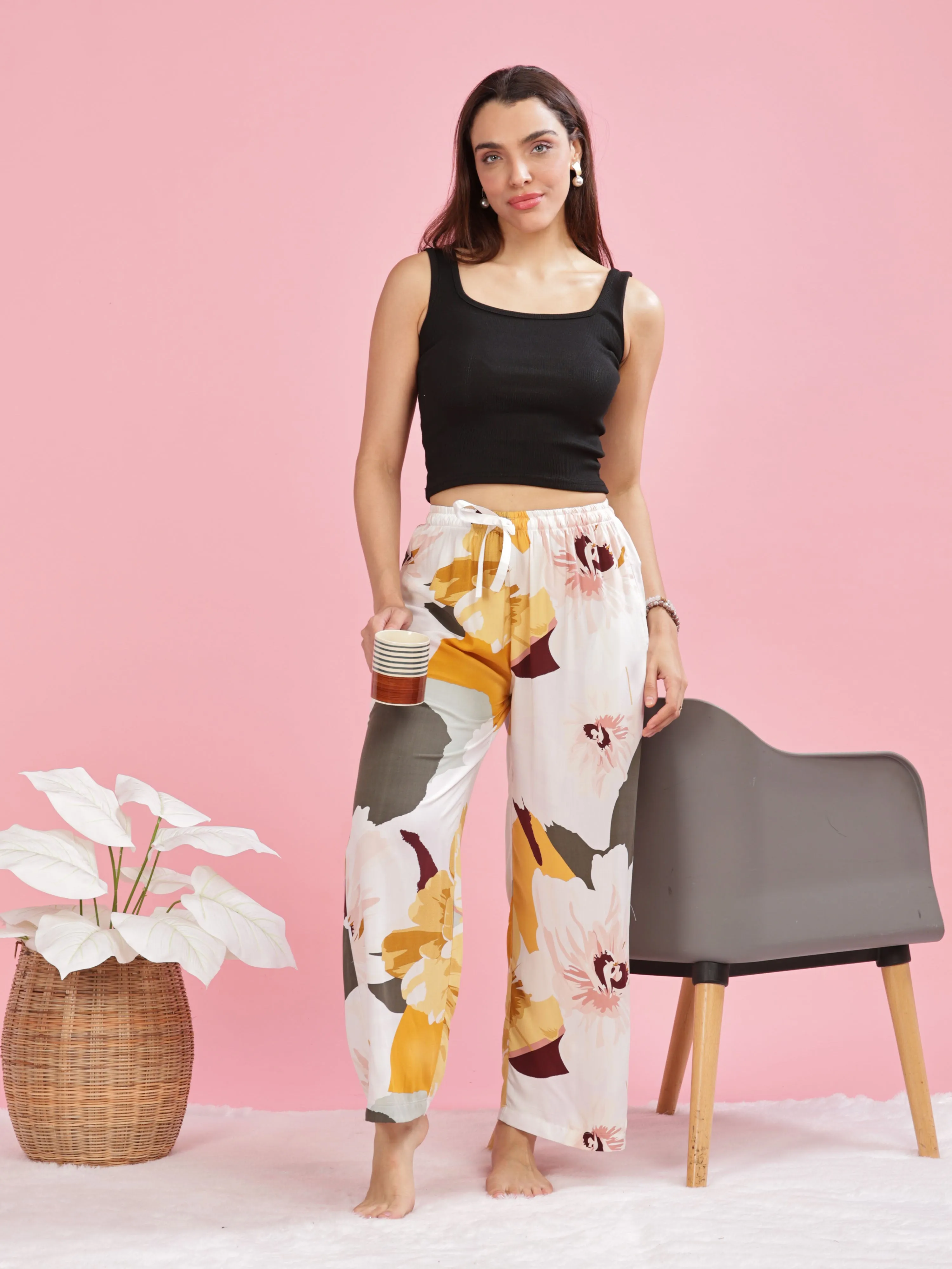 Yellow White Printed Palazzo Pants for Women in Lightweight Rayon
