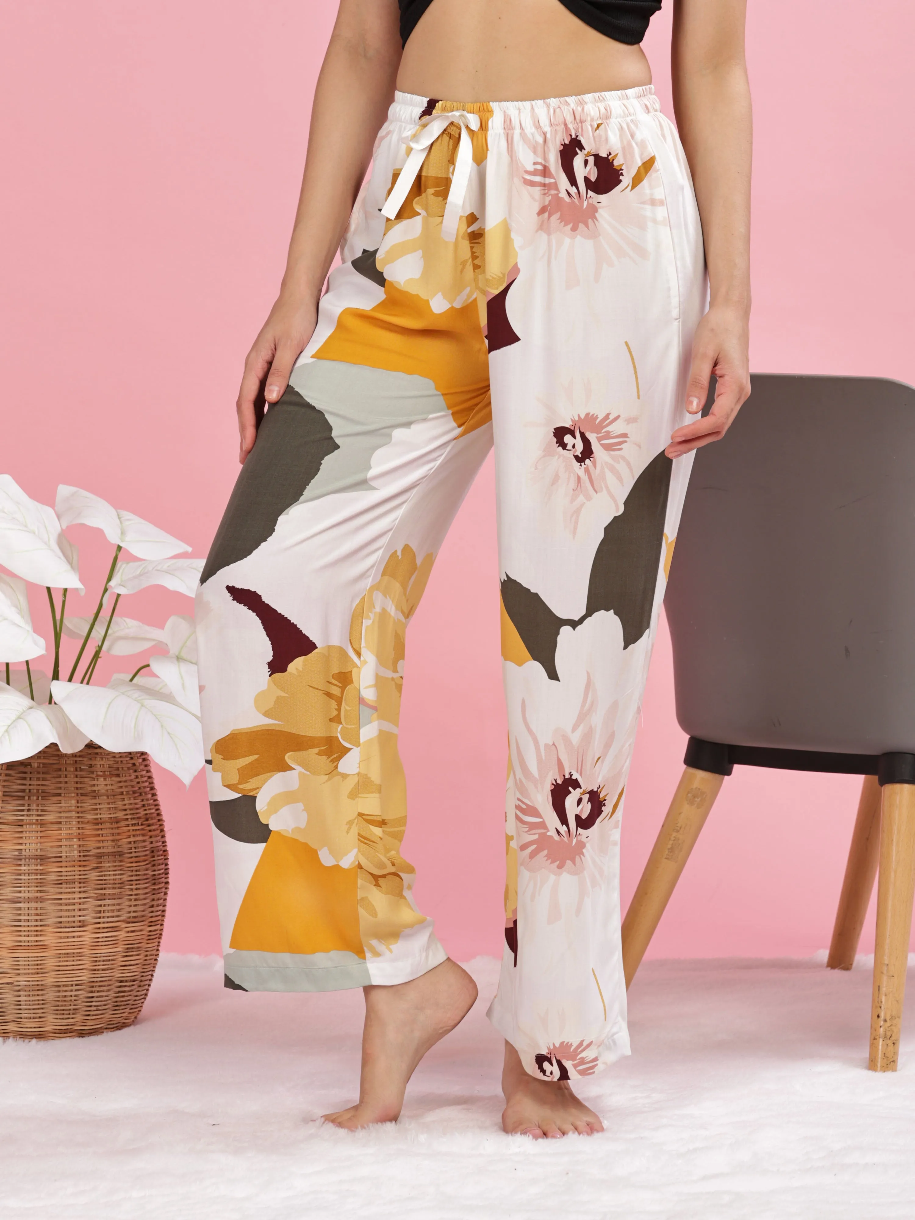 Yellow White Printed Palazzo Pants for Women in Lightweight Rayon