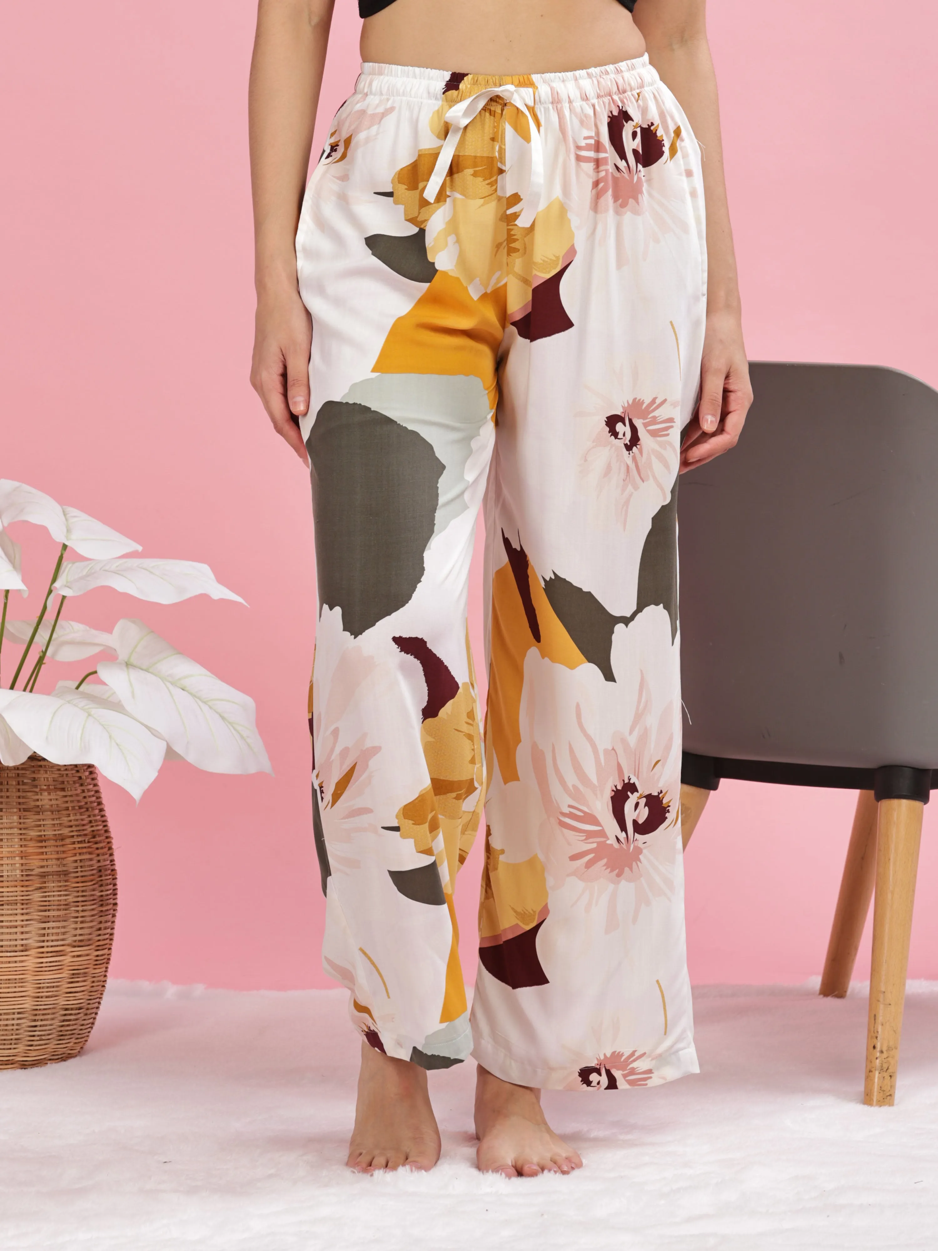 Yellow White Printed Palazzo Pants for Women in Lightweight Rayon