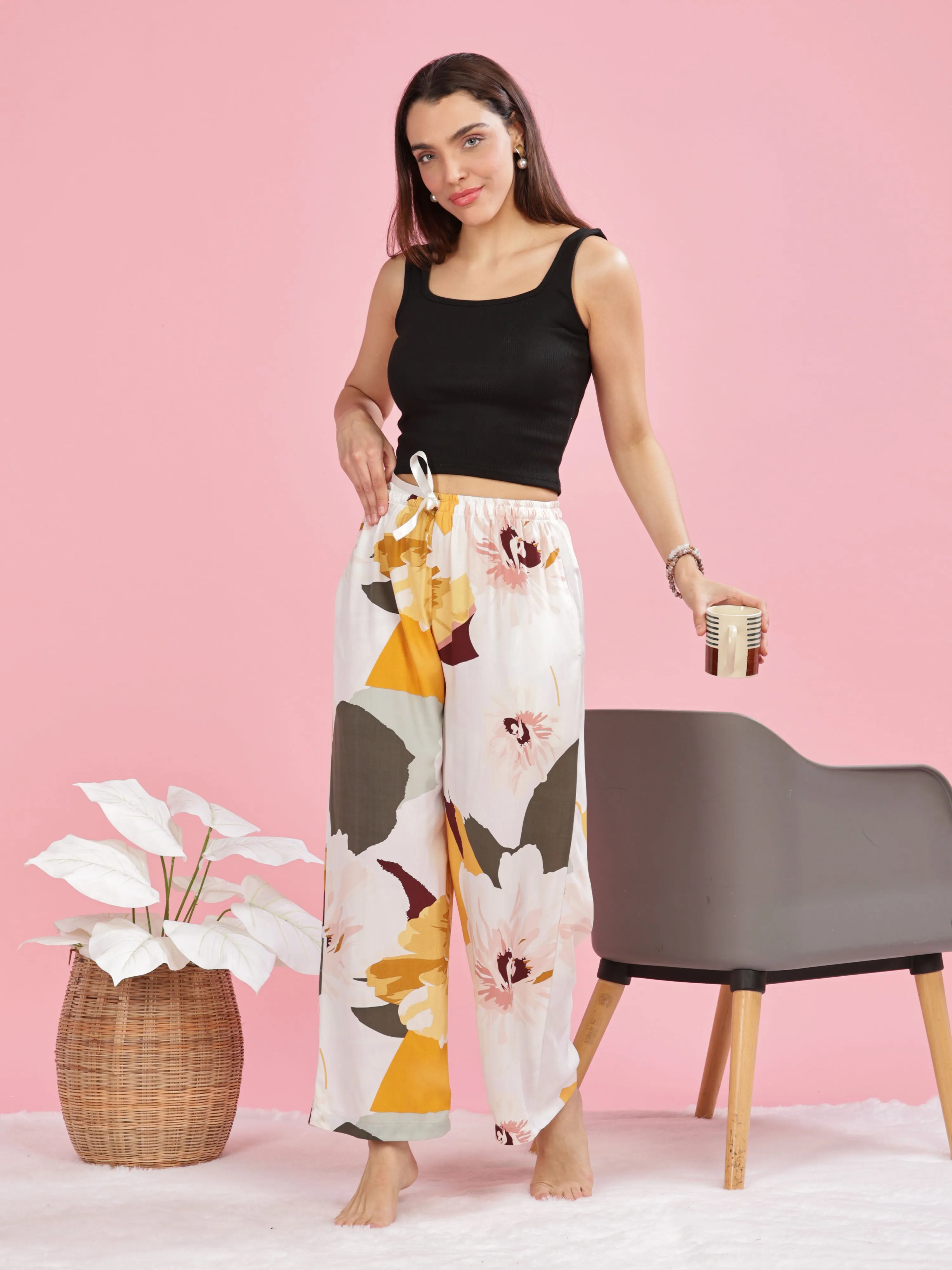 Yellow White Printed Palazzo Pants for Women in Lightweight Rayon