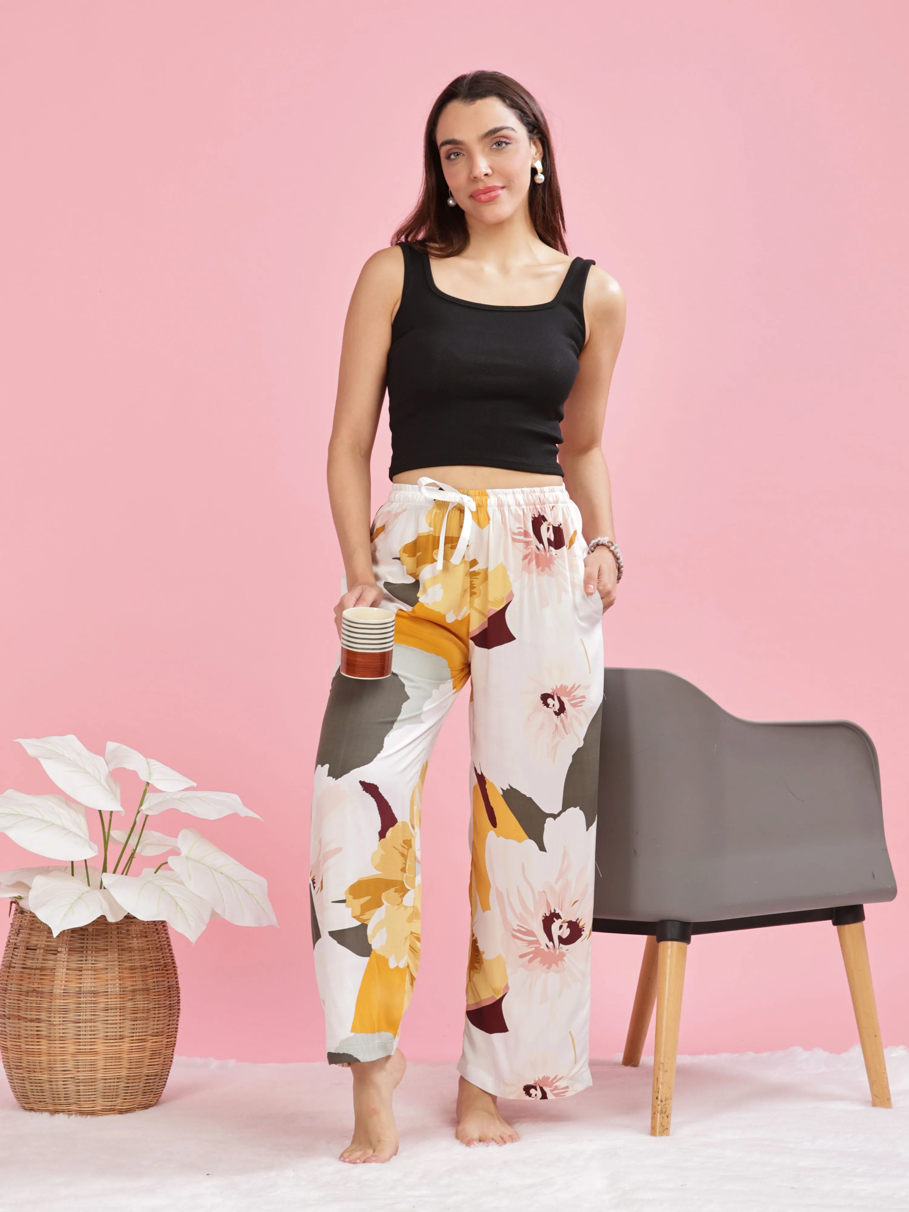Yellow White Printed Palazzo Pants for Women in Lightweight Rayon