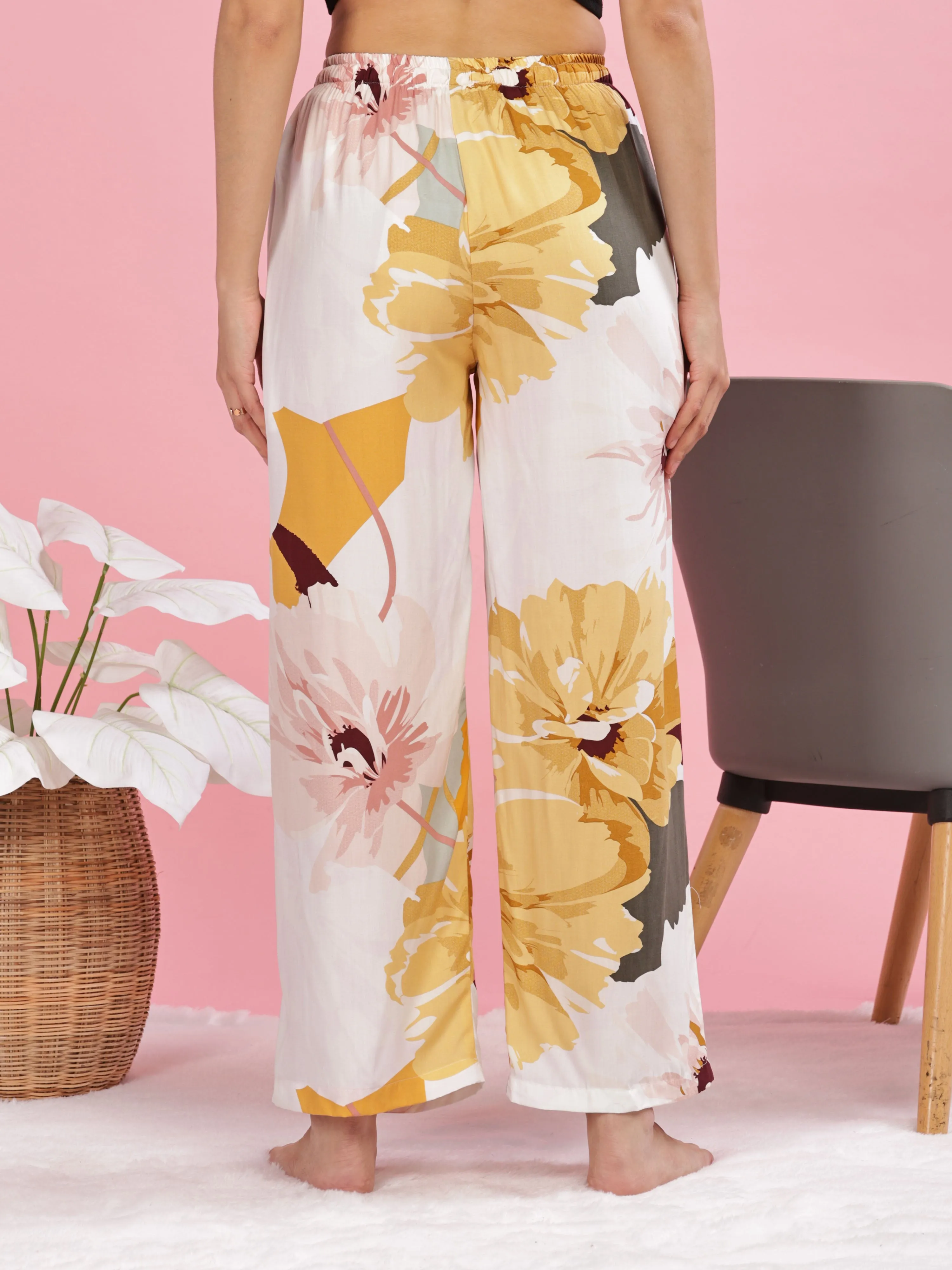 Yellow White Printed Palazzo Pants for Women in Lightweight Rayon