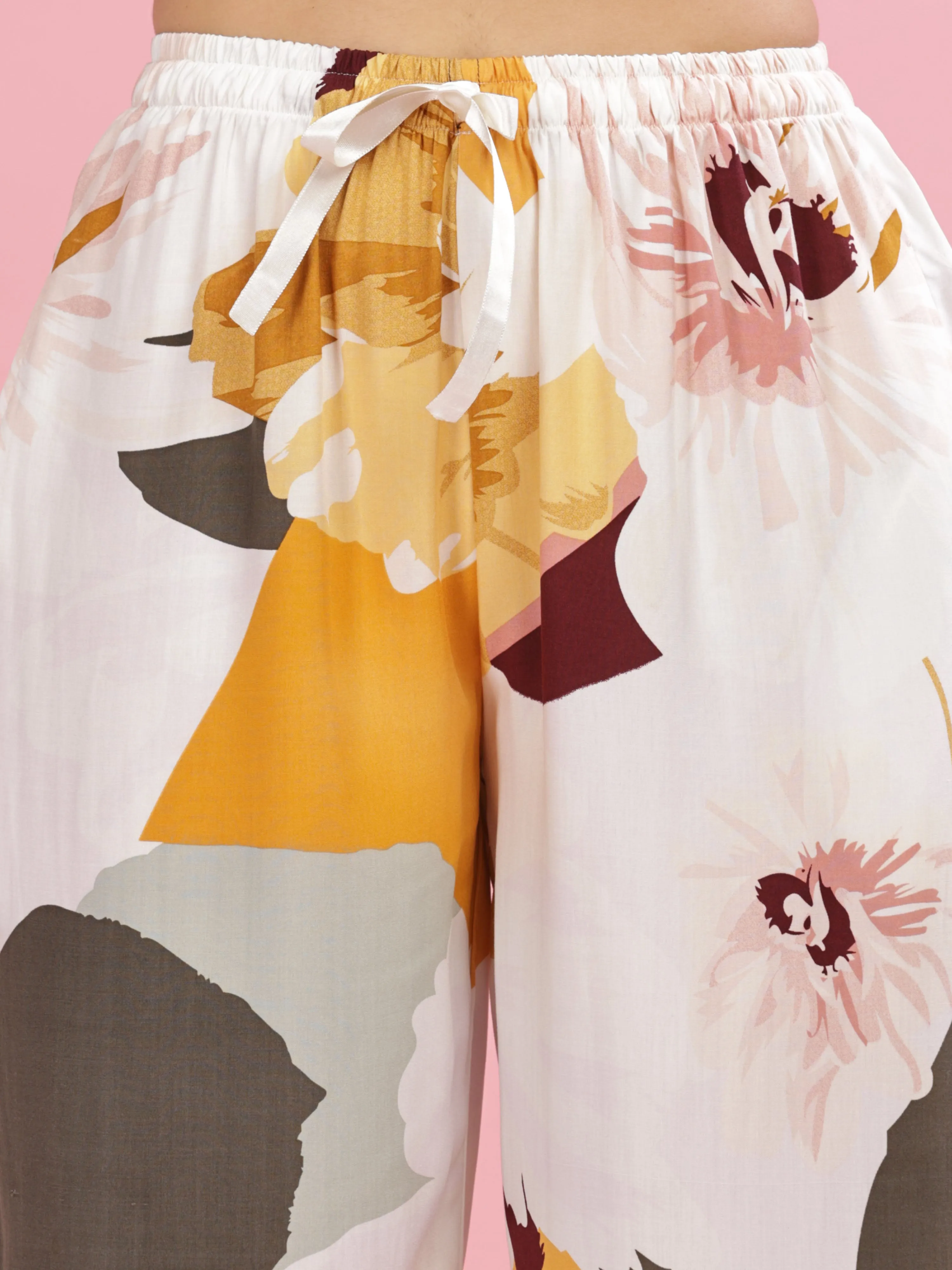 Yellow White Printed Palazzo Pants for Women in Lightweight Rayon